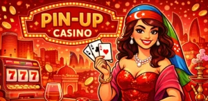 Qırmızı tonlarda, мультяшном üslubda Pin-Up Casino Azərbaycan mövzulu kazino səhnəsi, kartlar və fişlərlə